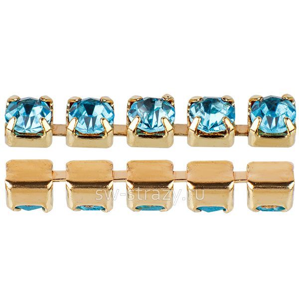 Стразовая цепь 2.9 мм  Light turquouse\gold